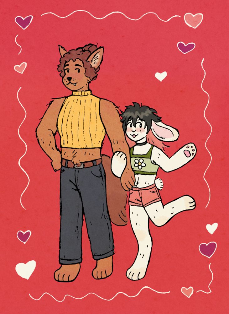 Two OCs as furries, Ambrose a tall brown wolf with curly hair tied in a bun, and Olive, a smaller white rabbit with fluffy black hair and pink under dye. Ambrose is wearing a cropped sleeveless yellow turtleneck and dark jeans, and Olive is wearing a cropped green tank top with a flower on it and pink shorts. They are both smiling, and Olive is holding Ambrose's arm. The background is red with pink and white hearts and squiggles border.