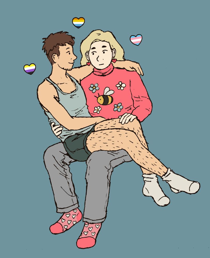 Drawing of two people, one (Alex) sitting in the other's lap. Alex is a bit smaller and skinnier with brown hair in a short undercut style. They are wearing a light blue tank top, darker shorts, and plain socks, and they have their arm around the other person, Denny, as they smile at him. Denny is very pale with long pale blond hair and an expressionless round face. He is wearing a pink sweater with a bee and blue flowers on it, long gray pants, and pink socks with hearts on them. He is also wearing heart-shaped earrings. There are some little hearts around their heads with the colors of the nonbinary flag for Alex, the trans flag for Denny, and the aromantic asexual flag for both of them.