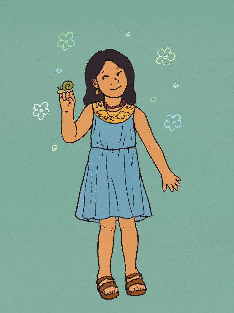 Drawing of a little boy with long black hair. He is wearing a blue and gold dress and plain sandals, and he is holding a green snail in his hand. He is smiling happily at his snail friend, and there are little colorful flowers around his head.