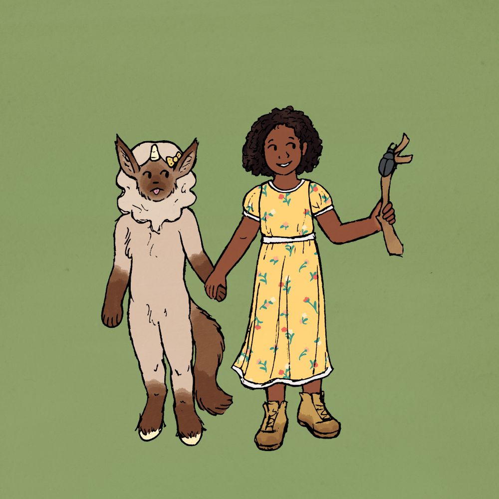 Drawing of a baby faun-like unicorn and a little girl holding hands. The unicorn is fluffy and a little cat-like with seal point fur color and a yellow bow in its mane. The girl is a little taller and has dark curly hair. She is wearing a yellow floral dress and muddy boots, and she is holding a branch with a large beetle on it.