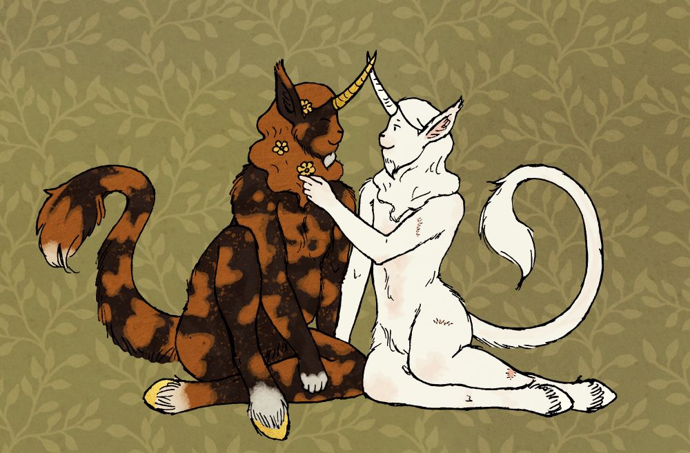 Drawing of two faun-like unicorns sitting on the ground together. They are fluffy with horns on their foreheads, long ears, manes, goat-like beards, hooved feet, and long fluffy tails. The one on the left is bigger with fur patterned like a tortoiseshell cat with white beard, hands and feet, and tail tip. The one on the right is albino and has a few scars. The albino unicorn is placing yellow flowers in the mane of the tortoiseshell. The background is dull green with a leaf pattern.