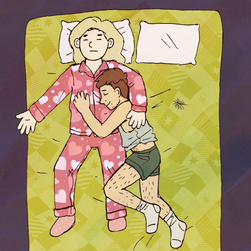 Drawing of two people lying on a mattress on the floor, sleeping. One of them, Denny, is pale with long blond hair and a round face. He is wearing pink heart pattern pajamas and pink socks, and he is stretched out like a starfish. The other person, Alex, is cuddled up next to Denny, hugging him. Alex is a little shorter and thinner with dark brown hair in an undercut style. They are wearing a tank top, boxers, and socks. There is also Harold the house centipede hanging out with them. she is their pet.