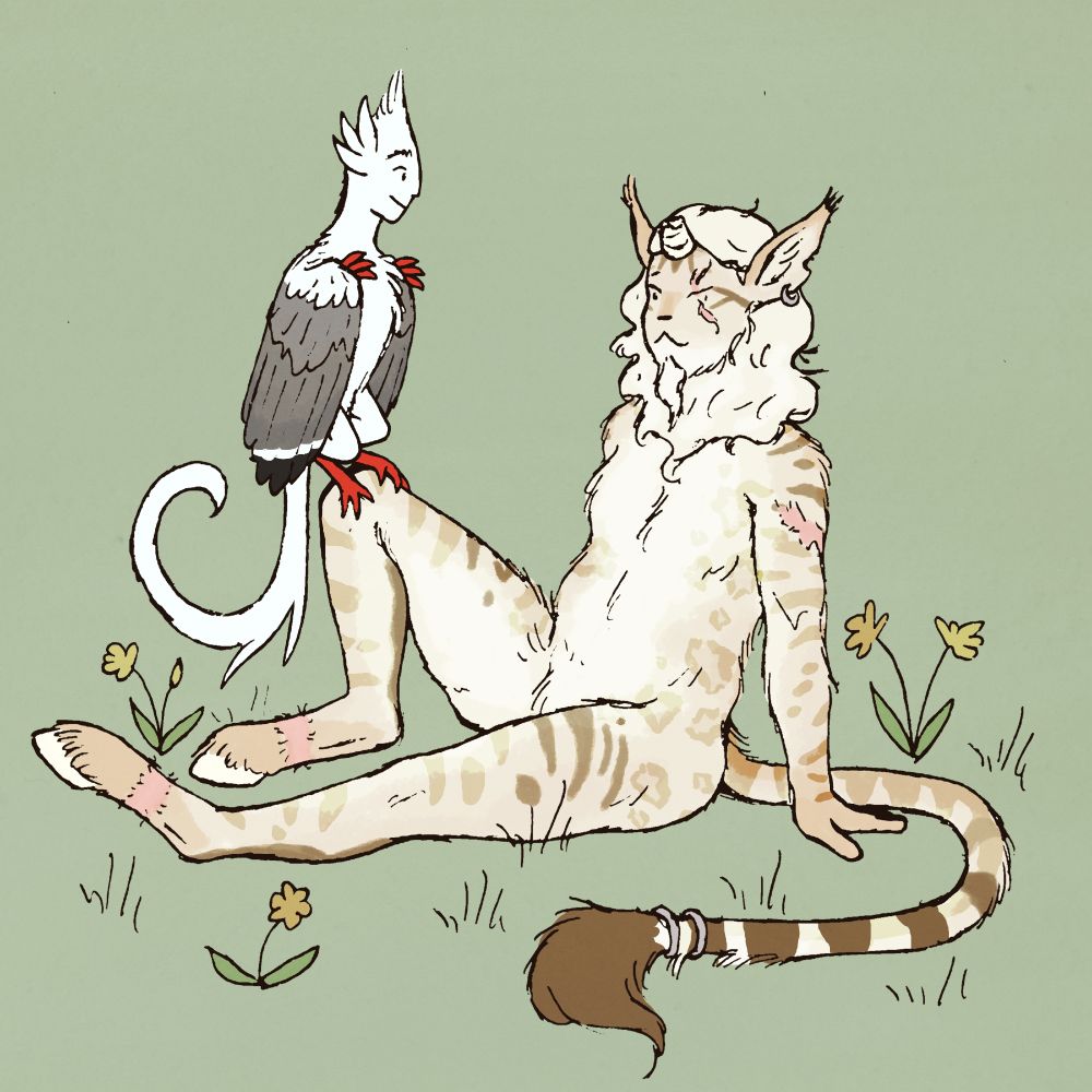 Drawing of a faun-like unicorn person sitting on the ground, with a small harpy perched on it knee. The unicorn is fluffy with a very pale cream-colored rosette fur pattern. It has a fluffy pale mane and goat beard, long fluffy striped tail, and hooved feet. Its horn has been cut off, and it is missing an eye and has several bare patches of fur where it was restrained and injured. It has an earring and a couple tail bangles. But it is happy and smiling now. The harpy friend is sort of raptor-shaped with a human-like face and a long curling tail. It has the coloring of a kittiwake. The background is green and some yellow flowers are scattered around in the grass.
