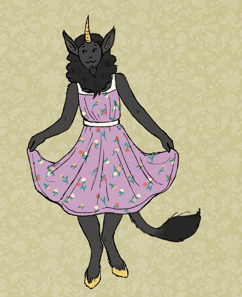 Drawing of a faun-like unicorn wearing a purple floral dress. The unicorn has black fur and gold horn and hooves. It had a fluffy mane, large ears, little goat beard, and long fluffy tail. It looks very happy with its new dress.