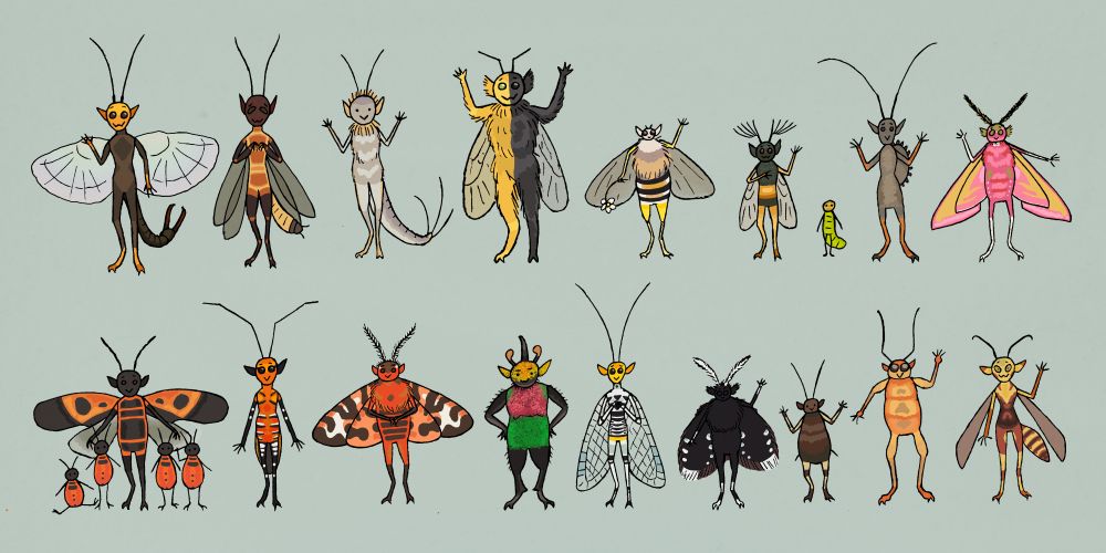 Drawing of eighteen different bug-like fairies. There are earwig, webspinner, silverfish, carpenter bee, small-headed fly, tiny wasp, a baby sawfly, wheelbug, a sphinx moth, firebug and babies, assassin bug, tiger moth, colorful beetle, lacewing, moth fly, aphid, weevil, and paper wasp.
