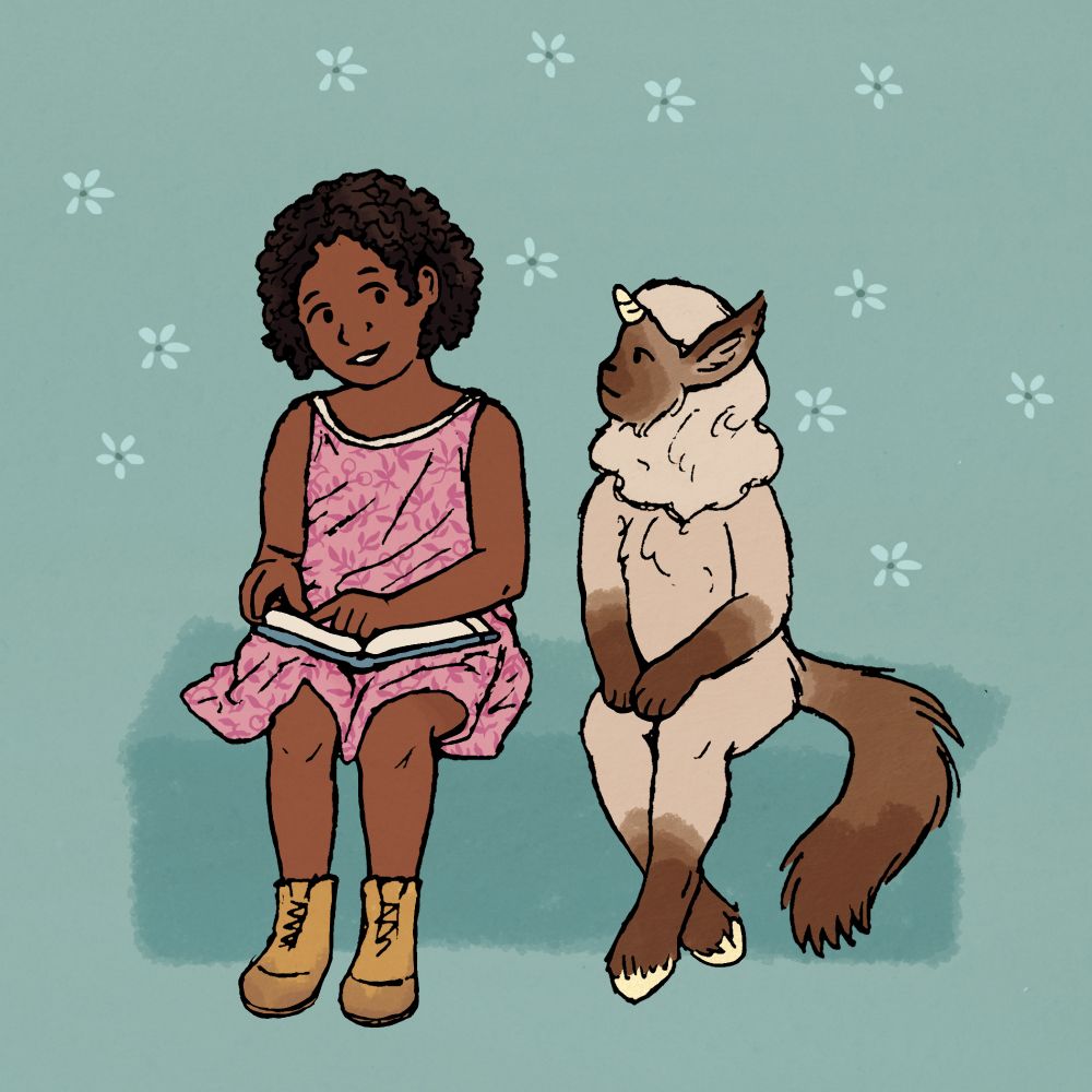 Drawing of a little girl reading a book to a fluffy little faun-like unicorn. The girl has dark curly hair and is wearing a pink dress and dusty yellowish boots. The unicorn has the pattern of a seal point cat and has a fluffy mane, hooved feet, and a long fluffy tail. The girl is smiling, and the unicorn appears to be listening intently. The background is blue with some lighter flowers.