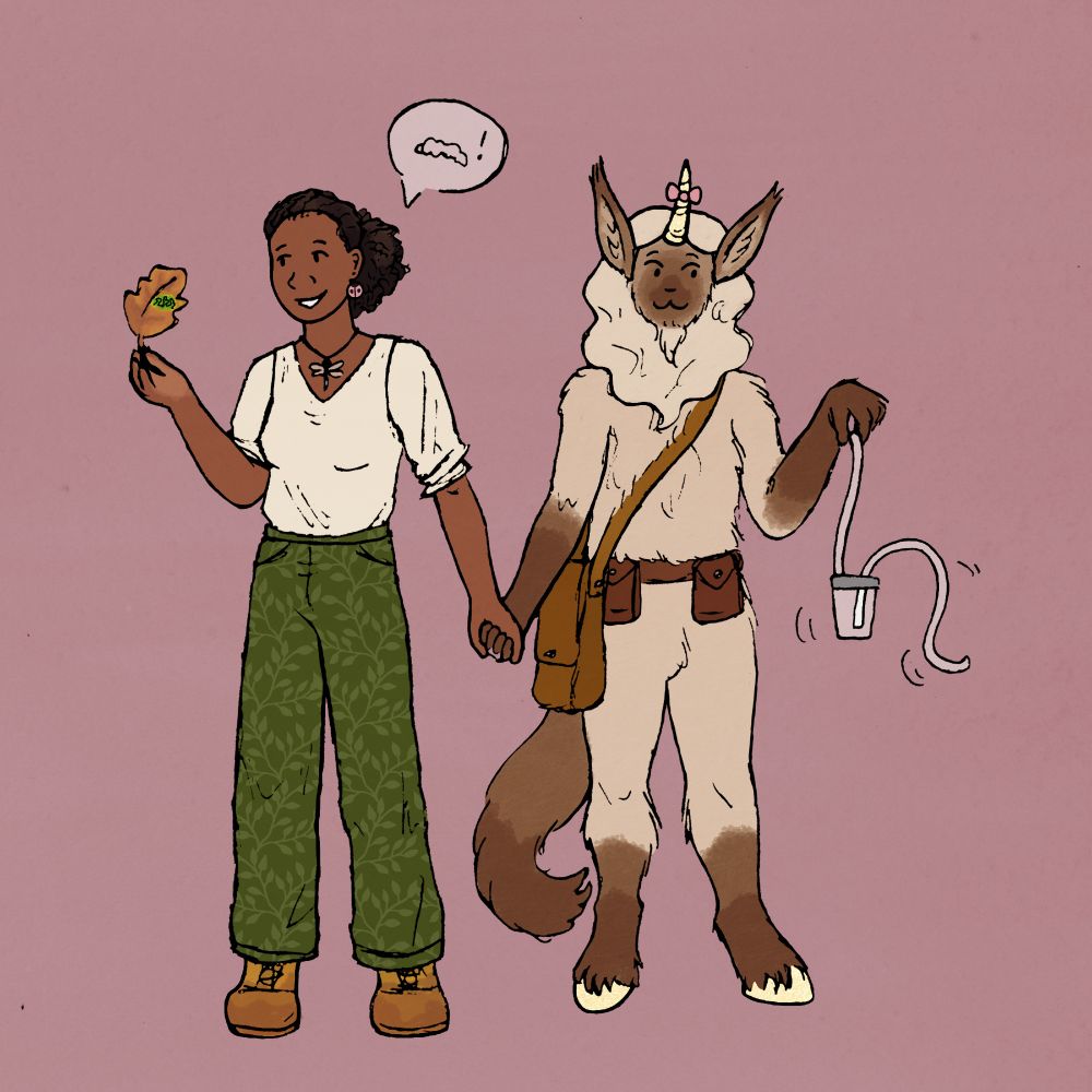 Drawing of the same two characters as the first image, but now they are adults. The woman has her hair tied back and is wearing ladybug earrings, a dragonfly necklace, white blouse, green leafy pants, and muddy boots. She is holding a dead leaf with a green island, caused by a leafminer moth larva. The unicorn now has a pink bow tied around its horn, and it is wearing a messenger bag and belt with bags attached for carrying things. It is playing with an aspirator, a tool used for catching small bugs.