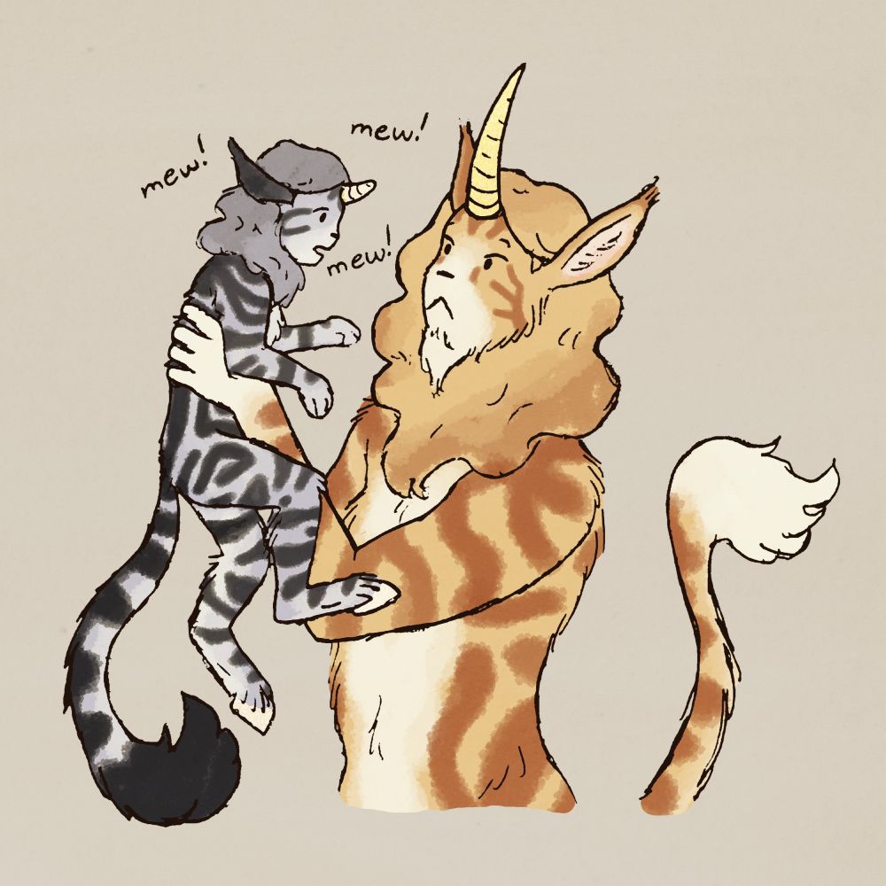 Drawing of a very surprised faun-like unicorn person holding a little baby unicorn, which is very upset at being picked up. The baby is mewing. The adult unicorn is the color of an orange tabby cat, while the baby is a gray tabby.