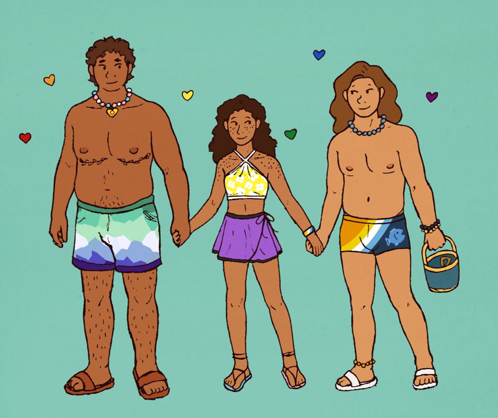 Drawing of three of my OCs standing next to each other, holding hands. The first is Fern, who is tallest and has short curly brown hair. He is wearing a trans pride necklace with an intersex heart-shaped pendant, gay pride swim trunks, and leather sandals. He has leafy tattoos over his top surgery scars. Next is Oriole, who is small and thin. He has long dark hair and freckles and is wearing a nonbinary pride top and swim skirt, aro ace bracelet, and trans pride sandals. Last is Kite, who is wearing aro ace swim shorts with a fish on them, jewelry in matching colors, and white sandals. He is also holding a plastic bucket and shovel. There are little rainbow hearts around all three characters.