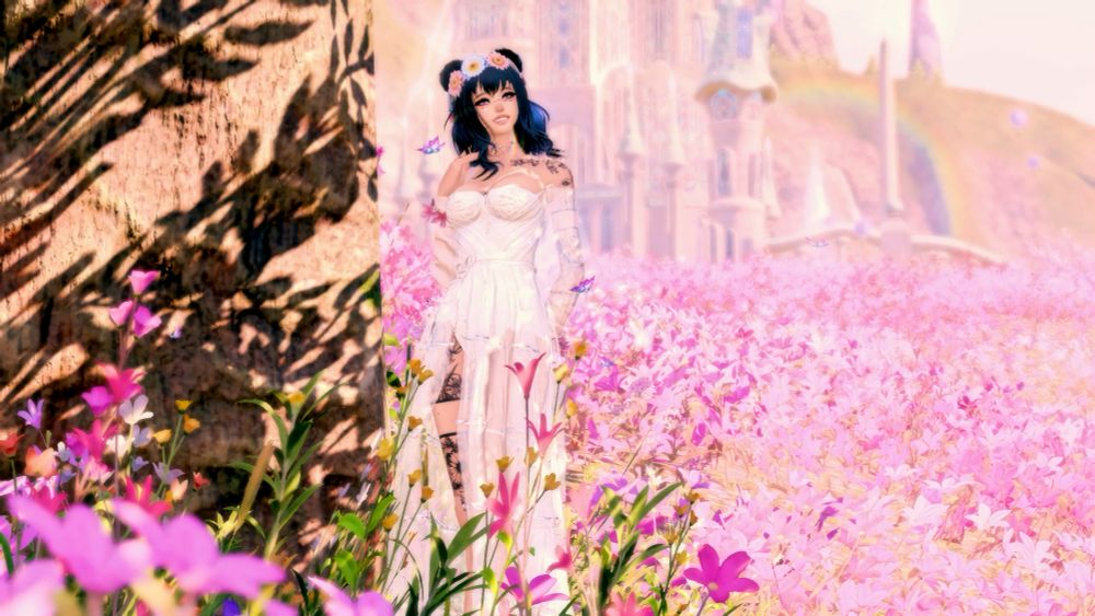 Nova is standing beside the tree, looking off while smiling. The scenery of Il Mheg is in the background.