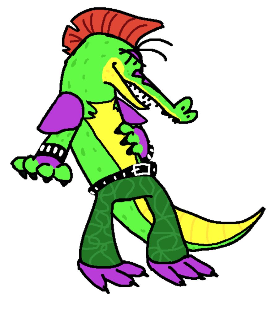 A Digital Cartoon drawing of Montgomery Gator from Five Nights at Freddy’s: Security Breach. He is not wearing his sunglasses. He has his left hand on his abdomen and his right out to his side. He’s smiling with an open-mouth toothy grin. 