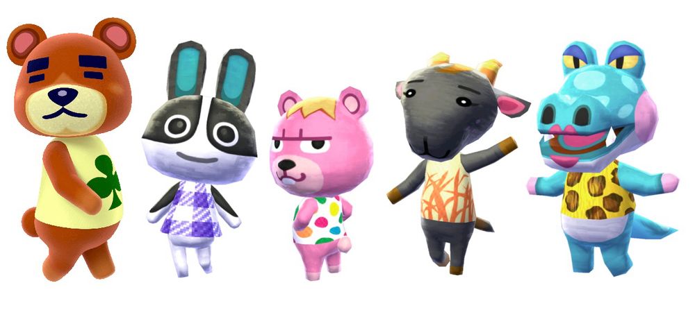 An image of 5 official animal crossing new leaf villager renders on a white background standing side by side next to each other. From left to right the villagers are: Teddy, Dotty, Vladimir, Nan, and Alli.