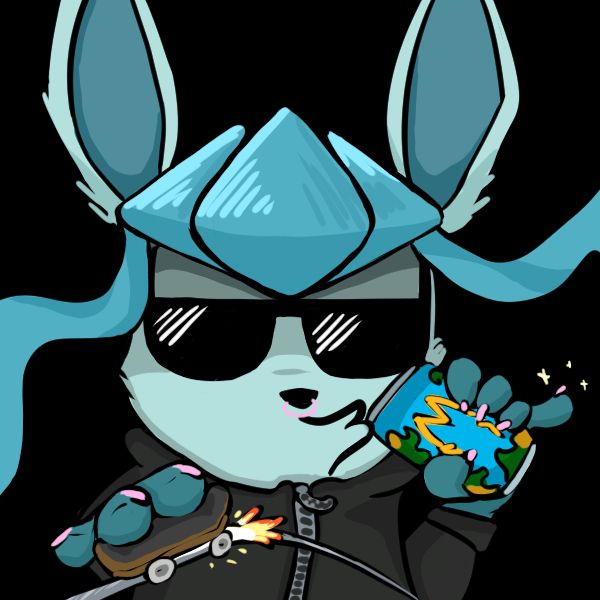 An INSANELY COOL Glaceon with COOL sunglasses, sipping a Mango Monster with her Pinky raised while she's grinding the rails on her Teck Deck skateboard.