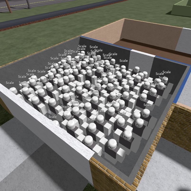 An estimated near hundred dummy models labeled 'Scale' swarming the inside the garage of an unfinished house.