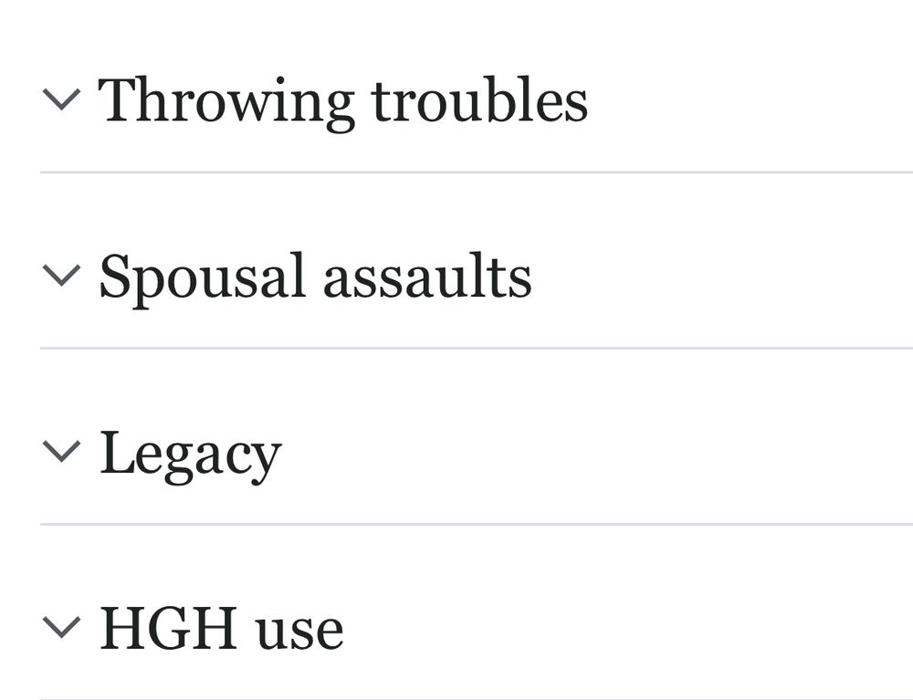Wikipedia article section headings: “Throwing troubles,” “Spousal assaults,” “Legacy,” and “HGH use.”