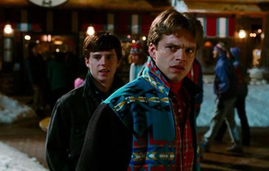 Sebastian Stan as Blaine in “Hot Tub Time Machine,” scowling at someone offscreen and dressed like an 80s bully at a ski resort.