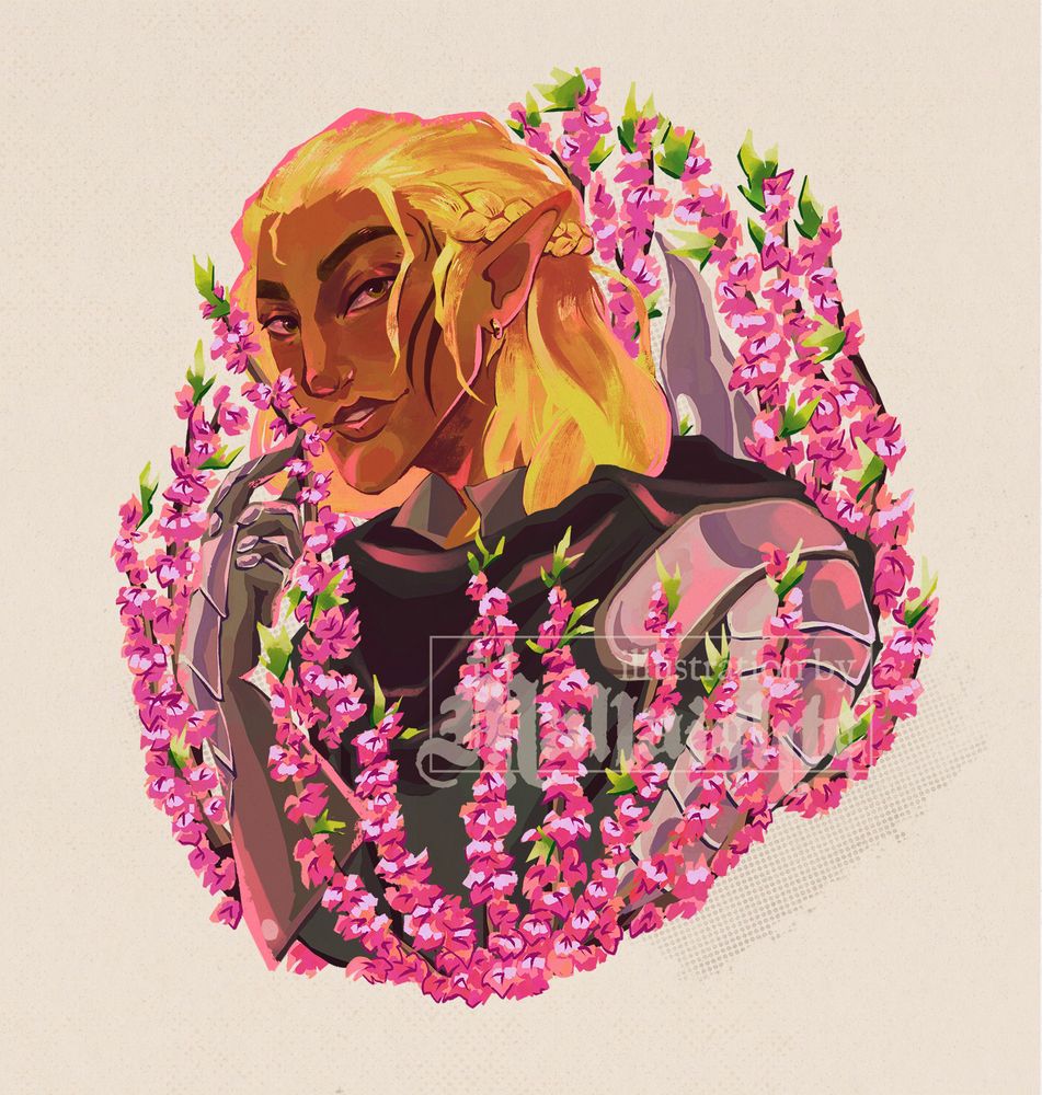 An illustration of Zevran Arainai from Dragon Age: Origins. He is a brown-skinned elf with shoulder-length blond hair and tattoos of curved lines on the side of his face. He is shown from the chest up, surrounded by pink daphne flowers.
