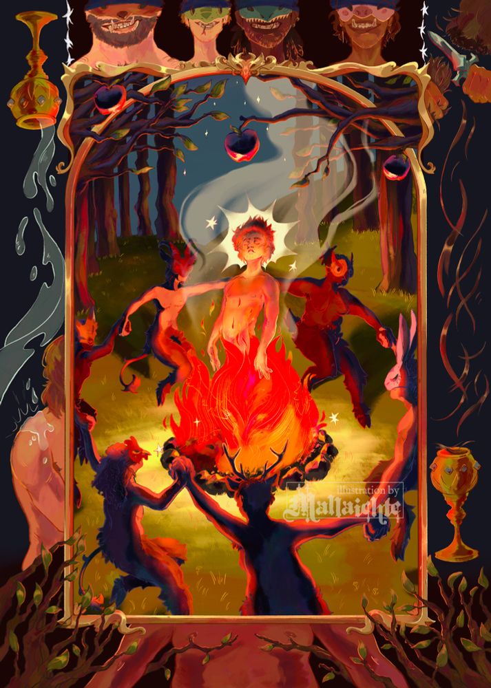 An illustration of a scene in the woods at night, of masked, goat-legged figures dancing in a circle around a man emerging from a bonfire in the centre. A gold frame surrounds the scene, and outside of that are vignettes of masked, bearded faces smiling, a dagger cutting hair, an upended chalice pouring white gel on to a bare shoulder, and tree branches covering a persons chest in the shape of common top surgery scars.