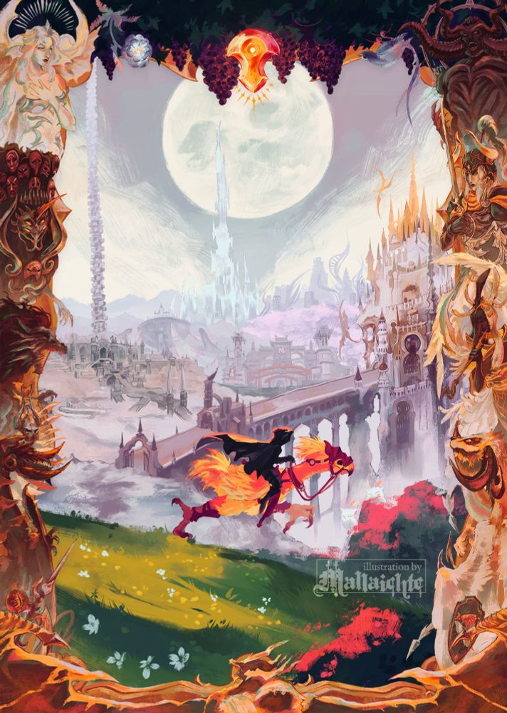 An illustration depicting the Warrior of Light, the hero of Final Fantasy XIV, against a backdrop of prominent locations from each of the games expansions. The Warriors features are vague - they are clad in a dark cloak, riding a chocobo across a grassy hill. Beyond the hill rise the spires of the city of Ishgard, the walls of Ala Mhigo, the city of Kugane, the plains of the Azim Steppe, the lofty Crystal Tower, and the spiralling architecture of Amaurot. The moon looms large in the sky, and the scene is bordered with a golden frame detailed with friends and foes (mostly foes) from the Warriors journey.