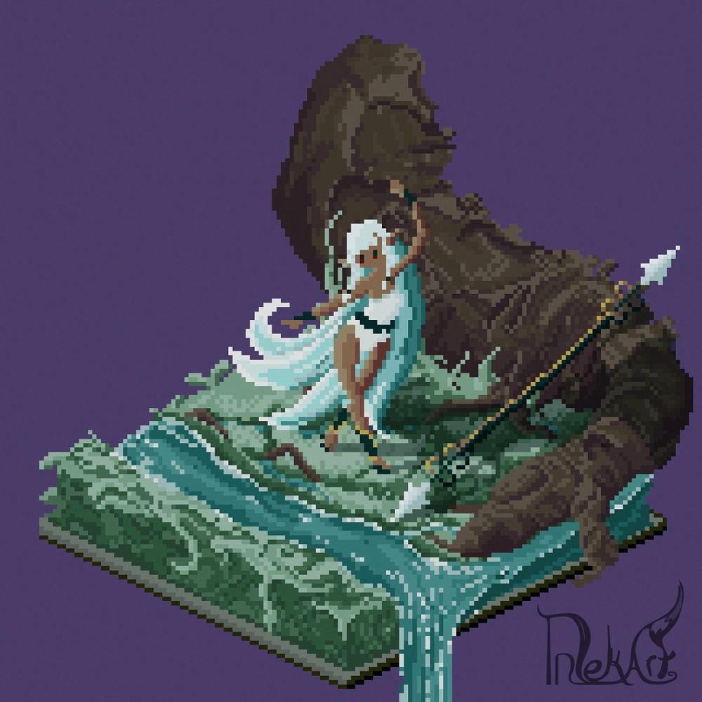 A pixel art render of a scene for the game Unicorn overlord. The character rosalinde is standing by a river in front of a large tree root with messy grass spread around. It has an isometric view