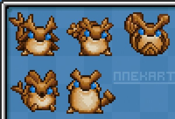 A pixel art render of the djinn from golden sun, the lost and and dark dawn. Starting from the left there are the Venus djinn flint, flower, Bark, steel and brick.