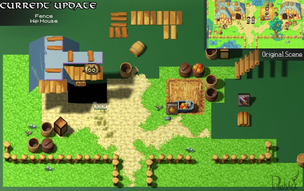 A Hd2d / 2.5D render of a pixel art scene. The bottom right is a screen capture of the game golden sun, the town of Dalia. The 3d render has two flowers, a carpet, two signs, pile of logs, two boxes in different directions, a cat faced sign with an inn sign, a bucket and 3 variations of jars. There are busy green grass tiles and ground pathways . There is also a 3d pixel fence around the perimeter and the beginnings of a house
