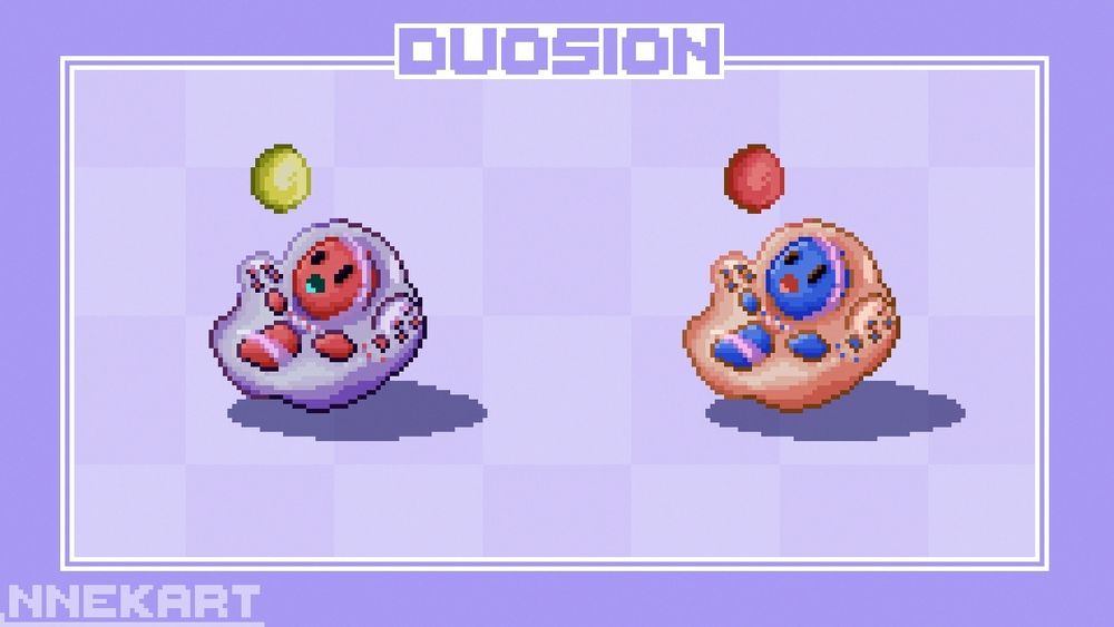 A pixel art render of a custom Duosion design that is based around the red blood cell life cycle. The left is a purple cell with a ball hovering over it and red body. It has two eyes and a green open mouth. The right is a similar design but the cell is orange and the body is blue with a red mouth and a red ball