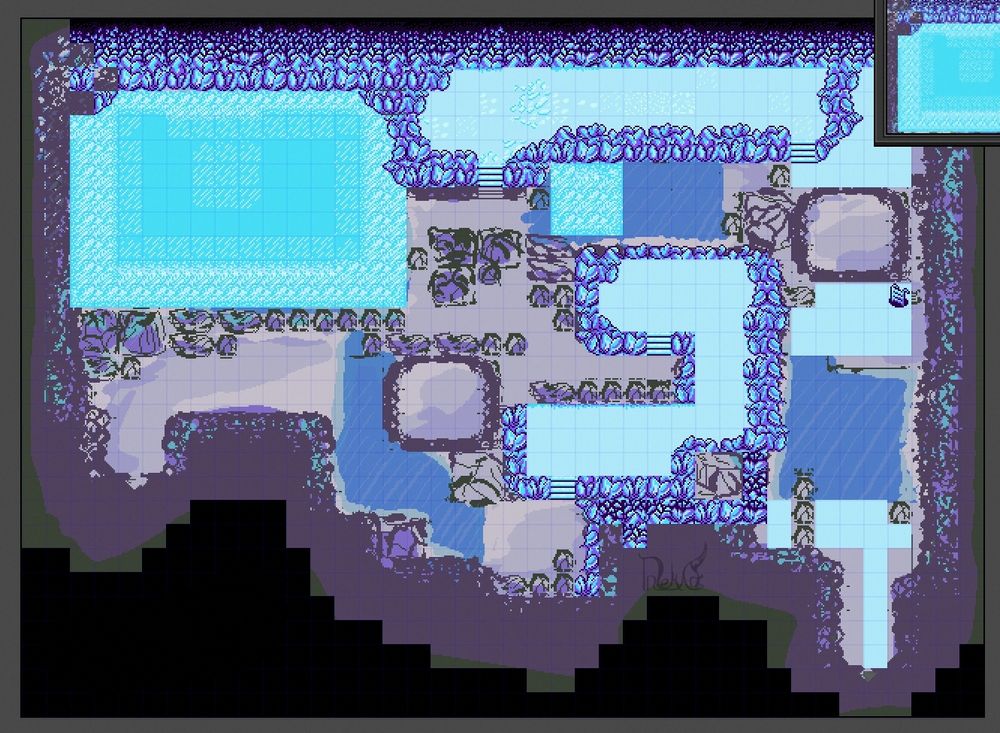 A pixel art render of a map in the game Pokemon crystal. It is a remake of the ice path with a custom tileset being put together slowly. There are different variations ice crystals and snow pathways, its still a work in progress.