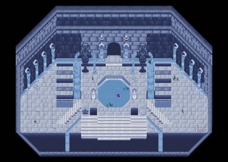 A pixel art render put together with a spritesheet. It is themed after water temple