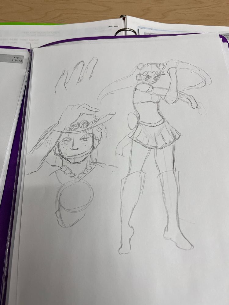 Sketches of unfinished drawings. One is of one piece character Portgas D. Ace and another of Usagi of Sailor Moon. There is also an unfinished drawing of a hand and a profile face.