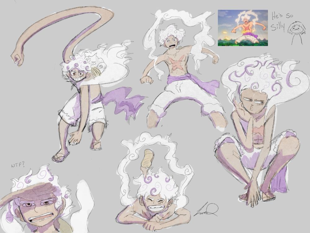 Multiple colored sketches of Luffy in Gear 5 from One Piece