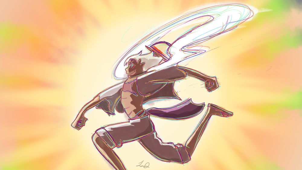 Luffy with white hair and clouds around the top, also known as Gear 5, in a pose like he is jumping through the sky, There is a bright yellow glow behind him with a rainbow tint