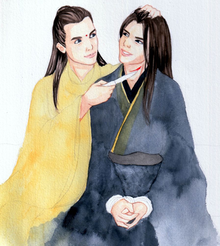 Work in Progress of Jin Guangyao holding a knife at Xue Yang's throat.