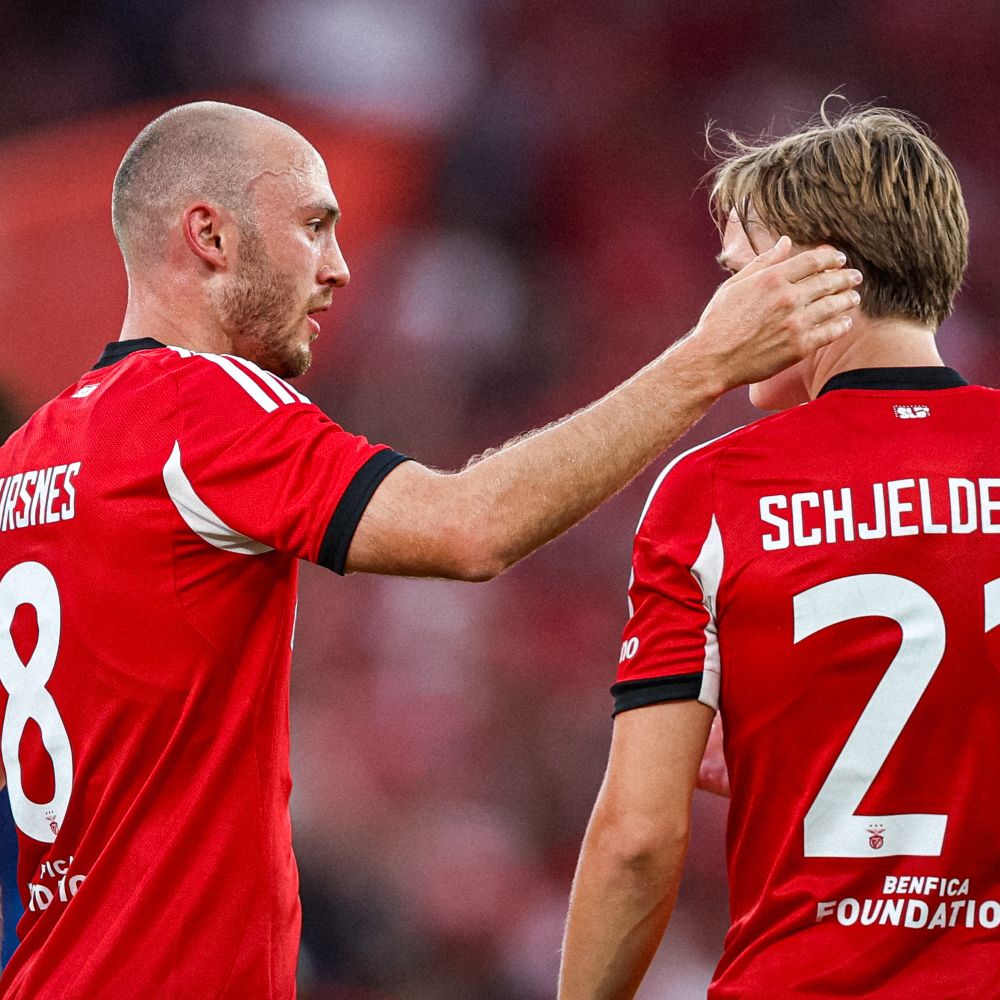Aursnes and Schjelderup celebrate. Credit: SL Benfica

