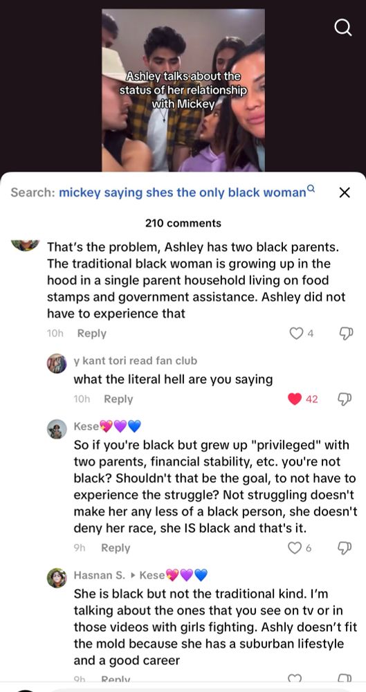 TikTok comment section where user talks about negative stereotypes of what a “traditional black woman” is and how they must be from a single parent household depending on governmental assistance