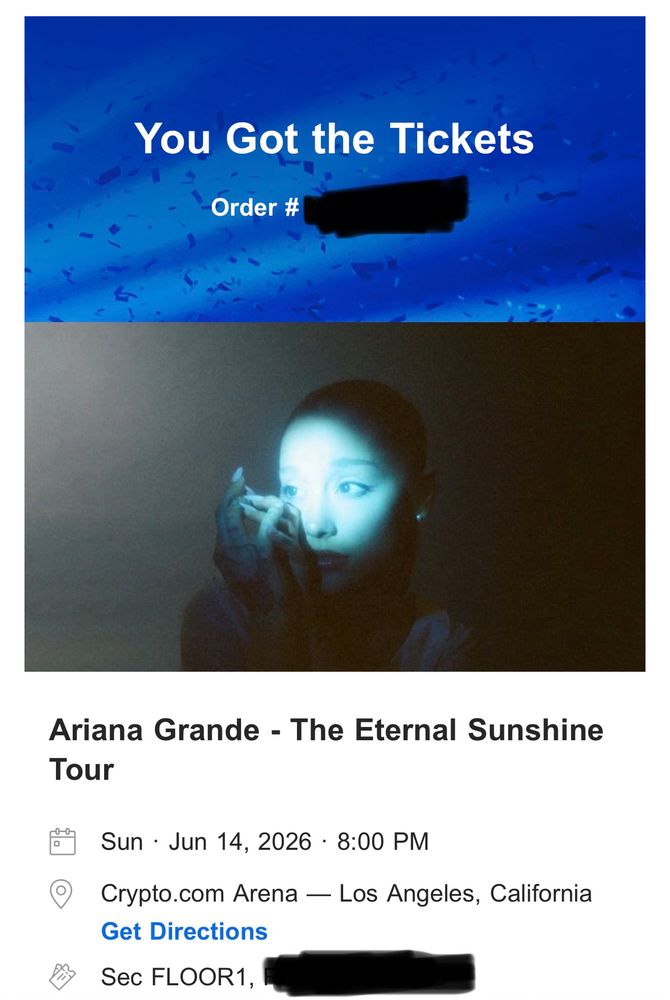 Screenshot of Ariana Grande ticket confirmation