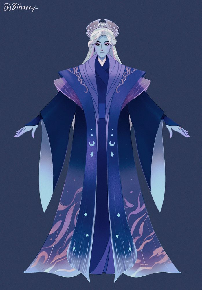 A tall elf with pale blue skin and white long hair. He is wearing an imperial hanfu with a skirt that's long enough to cover his legs and feet. His hanfu has a gradient that goes from dark blue to grey-purple and to pale blue, and is decorated with mauve pink wave patterns that either look like ocean foam or thin clouds. His robe has three layers, one that's a solid, dark blue with a subtle moon and star shapes, one that is a sheer, pleated pink one and the last one is a dull purple pleated one that's folded and draped around his neck.
His long hair is half tied up and held by a halo headpiece made of silver and silk.