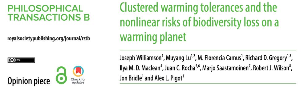 screenshot of the article in Philosophical Transactions of the Royal Society B titled 'Clustered warming tolerances and the nonlinear risks of biodiversity loss on a warming planet'