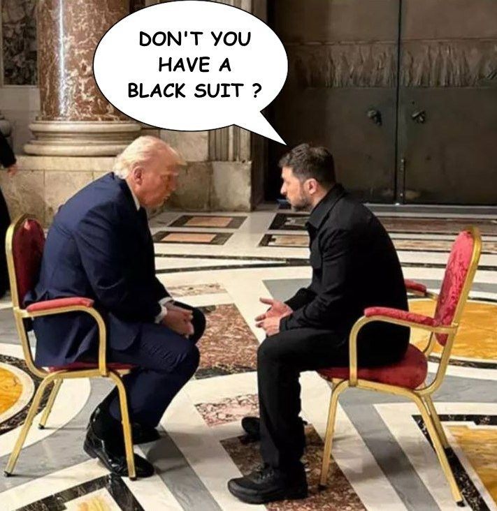 Zelenskyy asks Trump “Don’t you have a black suit?”