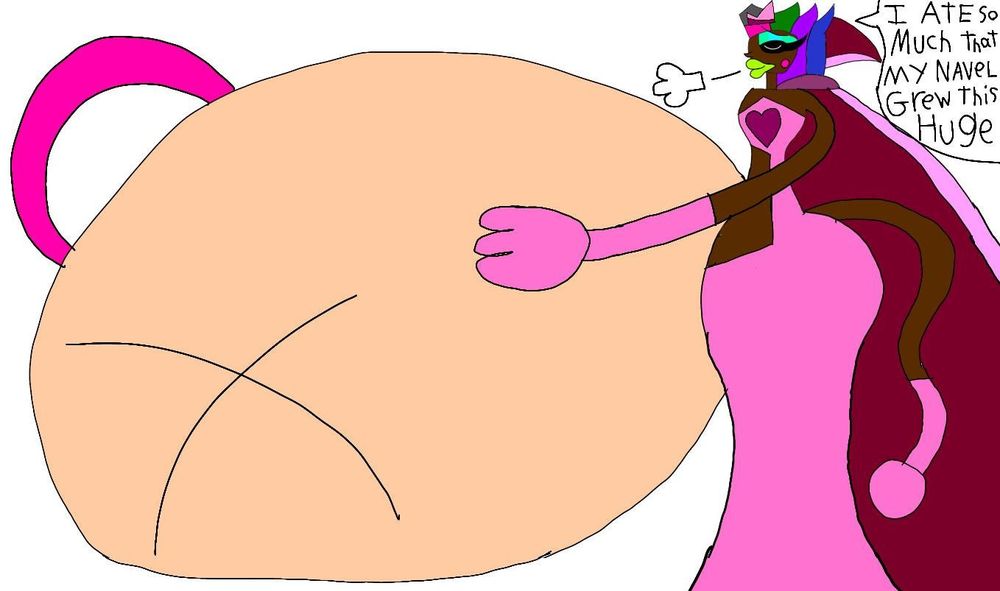 A drawing of my sona with dark skin and a long vibrant colorful rainbow 🌈 hair with his hands on his big bellybutton and in his royal outfit attire  with the auditeran alien feeling full after eating so much food in Thanksgiving 