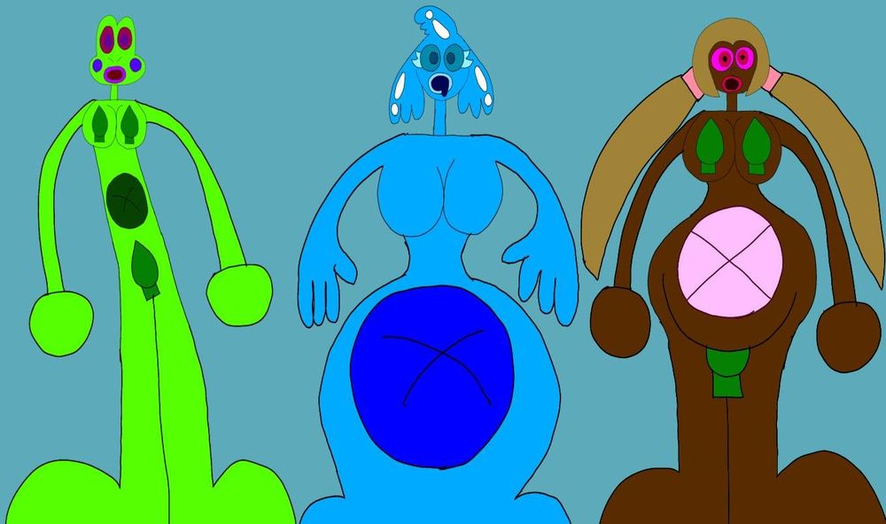 An artwork of 3 women who are the outie trio is stranded in the overzone  

A green frog 🐸 on the left (yeiyo) a slimeblob on the middle (jelsey) a fat woman on the right (vimga) were sent to the overzone realm as the evil female grim ghost magi warlord from the distant past sends them to the overzone realm with thier clothes stripped away from them after they were inside of a portal 
