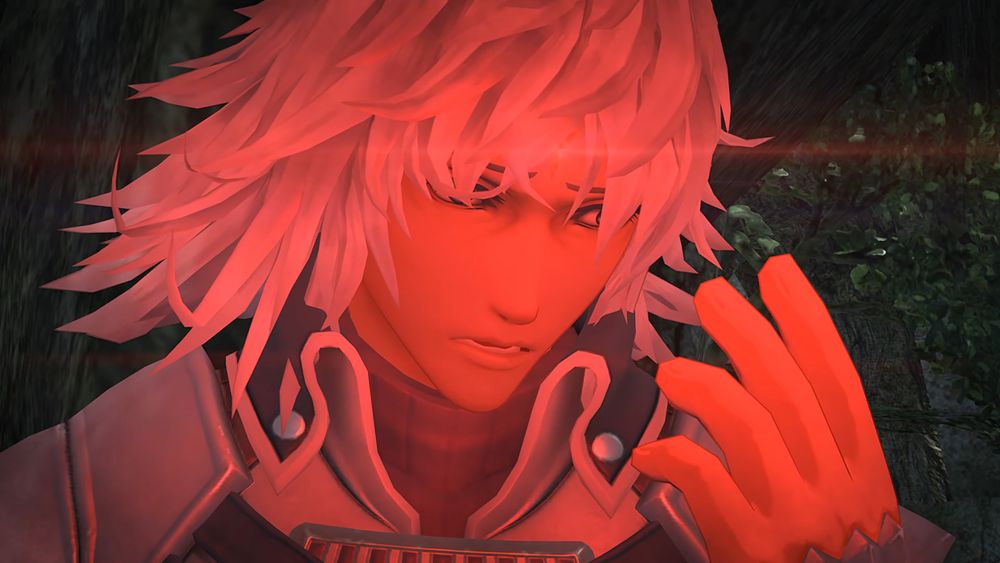 Jin staring at his hand, a look of horror on his face, his core glowing bright red. Screenshot from cutscene 'A Way for Us to Live' in Xenoblade 2.
