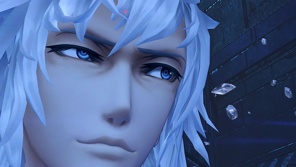 Close up of Jin's face, looking either slightly smug or possibly alarmed. His brow is quirked a bit. It's an odd expression for him. Screenshot from cutscene 'Agent of the Architect's Will' in Xenoblade 2.