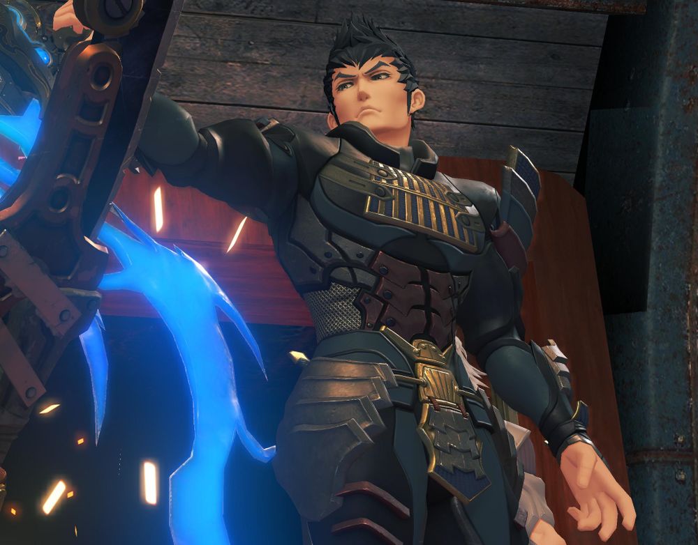 Close up of Malos as he uses Sever's sword tonfa to block an incoming attack. Screenshot from cutscene 'The Masked Man' in Xenoblade 2.