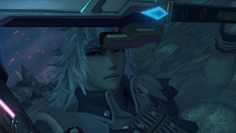 Close up of Jin's face as he battles Malos. Jin is using his sword to block a strike from Malos's Monado, offscreen. Screenshot from cutscene 'White and Black' in Xenoblade 2: Torna ~ The Golden Country.