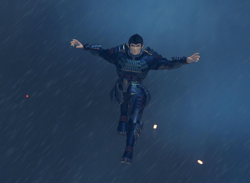 Malos jumping into the air, his arms spread out at his sides. Screenshot from cutscene 'Resonance of the Heart' in Xenoblade 2.