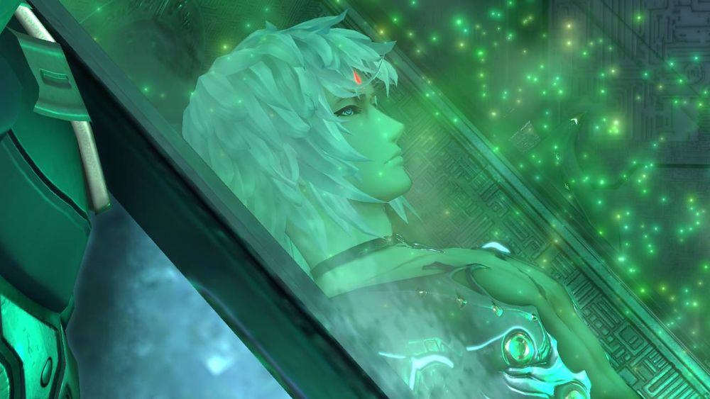 Jin laying in the Marsanes's medical pod, motes of green ether energy surrounding him. Screenshot from cutscene 'Jin and Lora's Resonance' in Xenoblade 2.