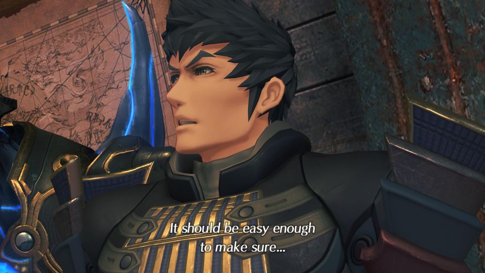 Malos speaking, looking to the side. His subtitled dialogue reads 'It should be easy enough to make sure...' Screenshot from cutscene 'The Masked Man' in Xenoblade 2.