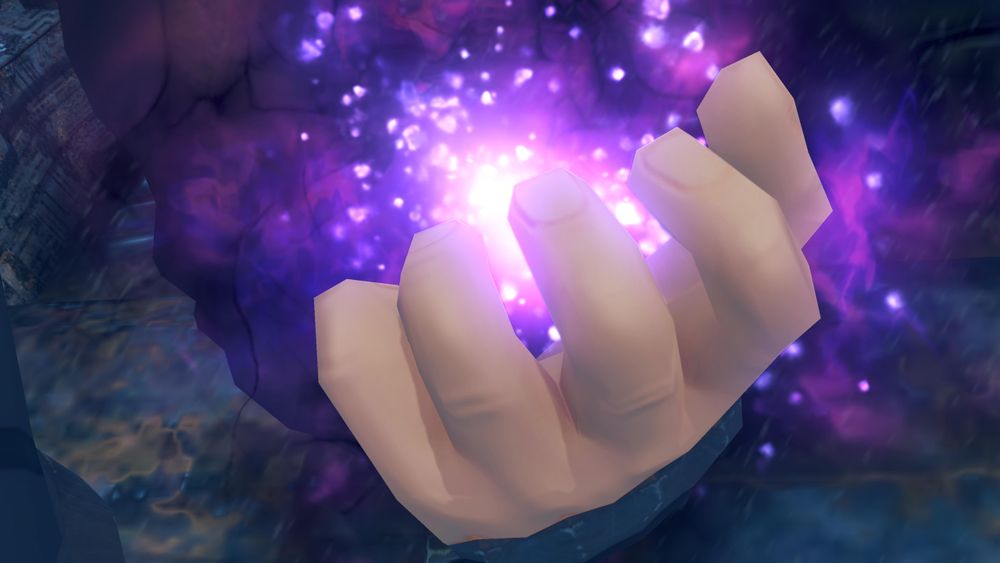 Close up of Malos's hand full of glowing purple ether energy. Screenshot from cutscene 'Resonance of the Heart' in Xenoblade 2.