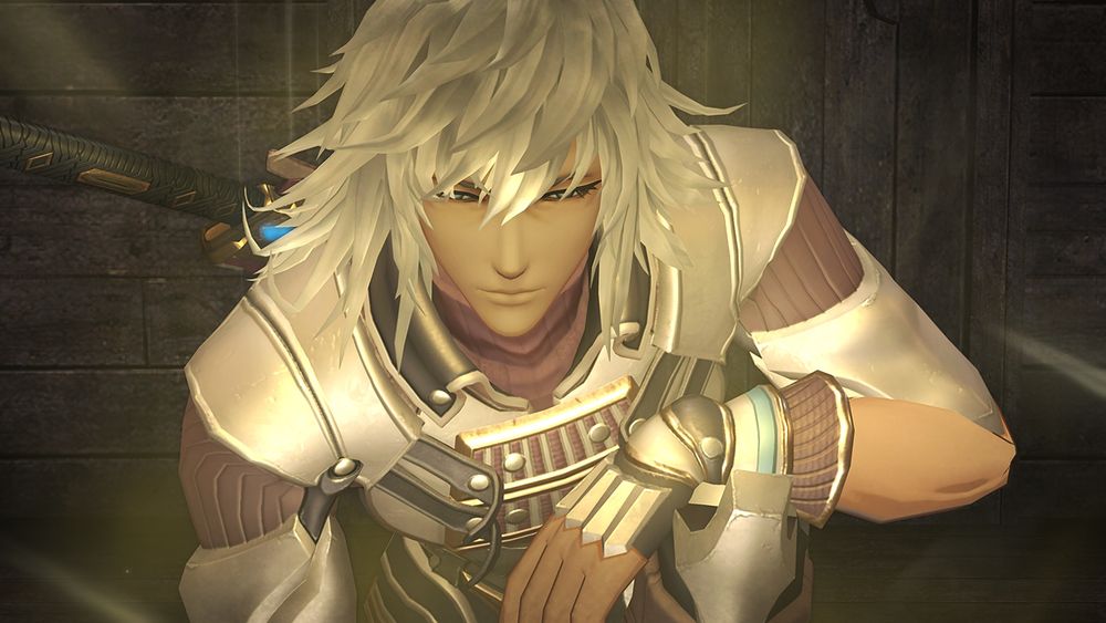 Jin kneeling, surrounded by swirling golden ether. Screenshot from cutscene 'Jin and Lora's Resonance' in Xenoblade 2.